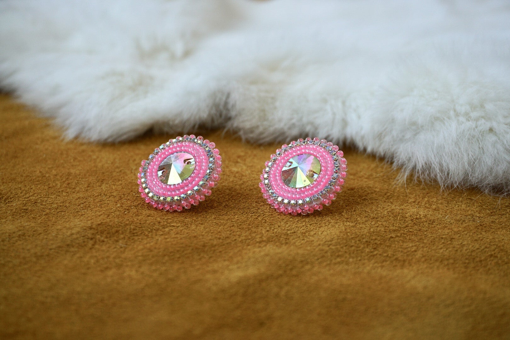 Pink and top white earrings
