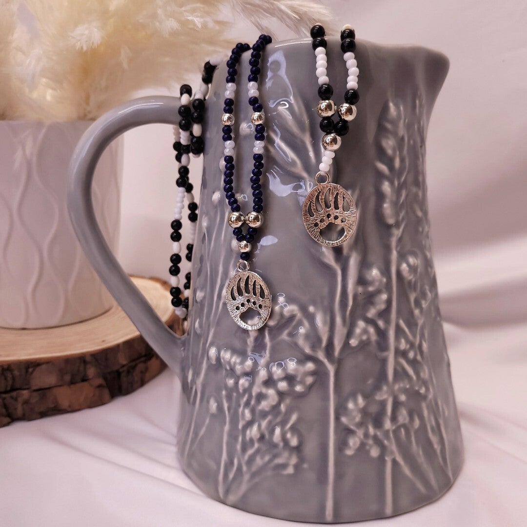 Beaded Necklace with Makwa Bear Paw Pendant Niska Artisans